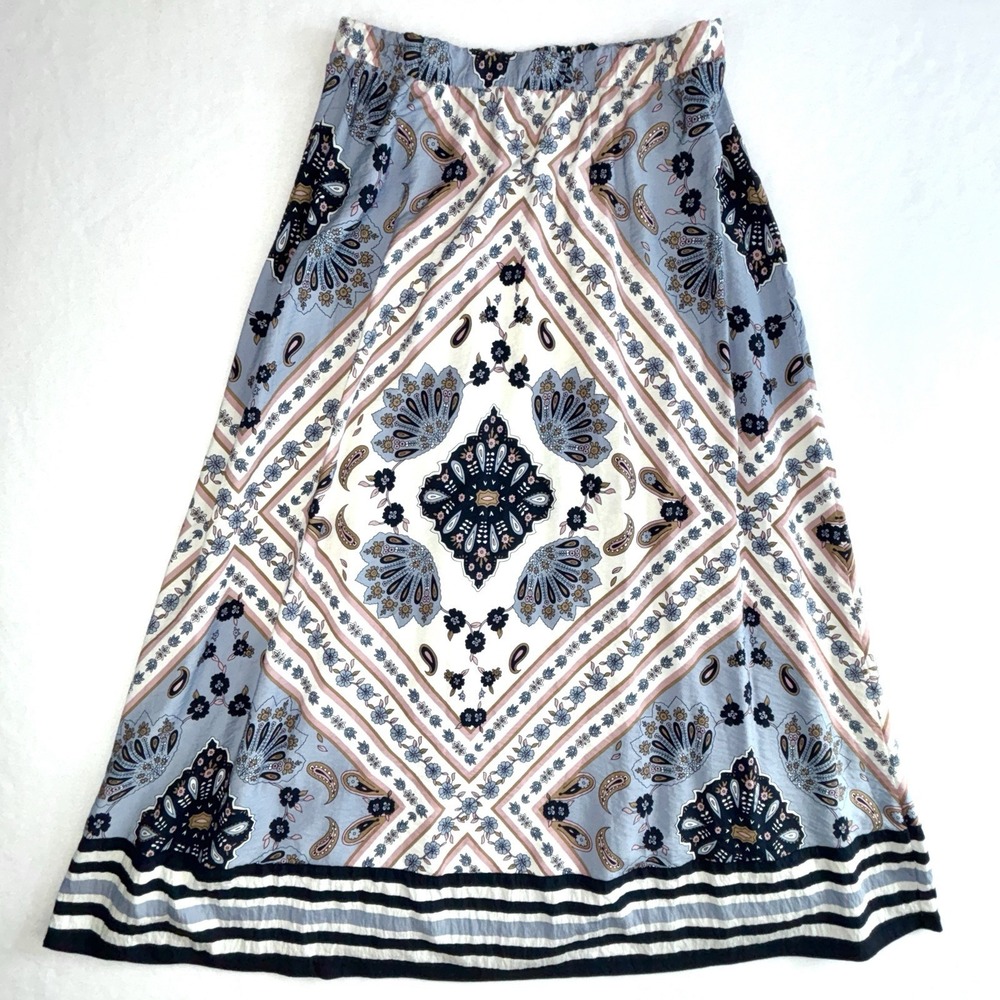 Laundry by Shelli Segal Paisley Floral Border Maxi Skirt L/G Boho Navy Blue Pink